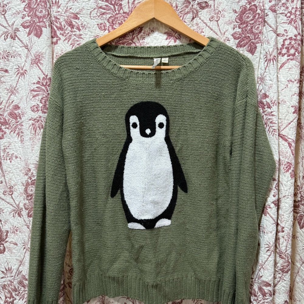 Pink Owl Olive Green Sweater Cute Penguin Graphic Pullover Women’s Small